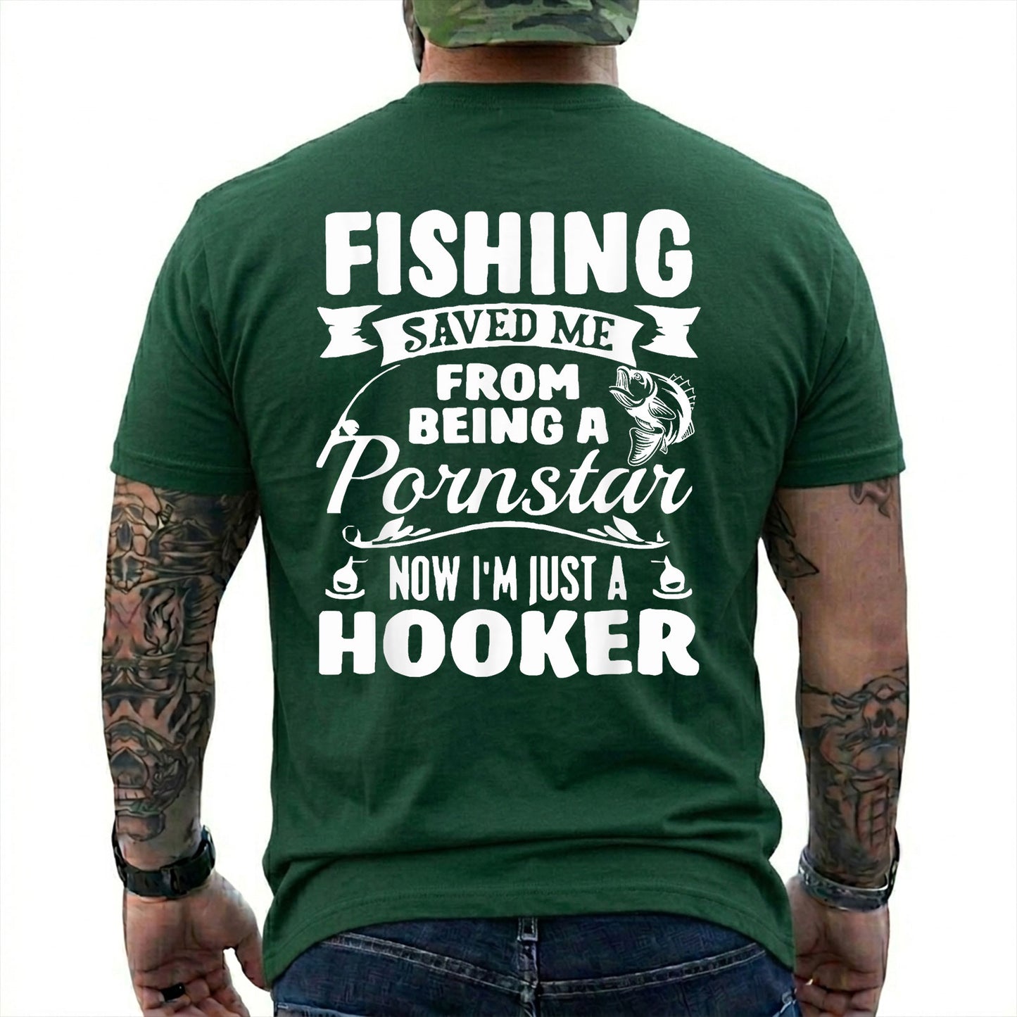 Navy T-shirt back with bass badge, hooks, and adult Fishing Saved Me back joke