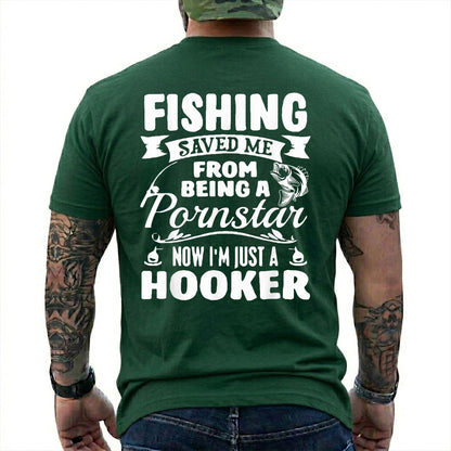 Navy T-shirt back with bass badge, hooks, and adult Fishing Saved Me back joke