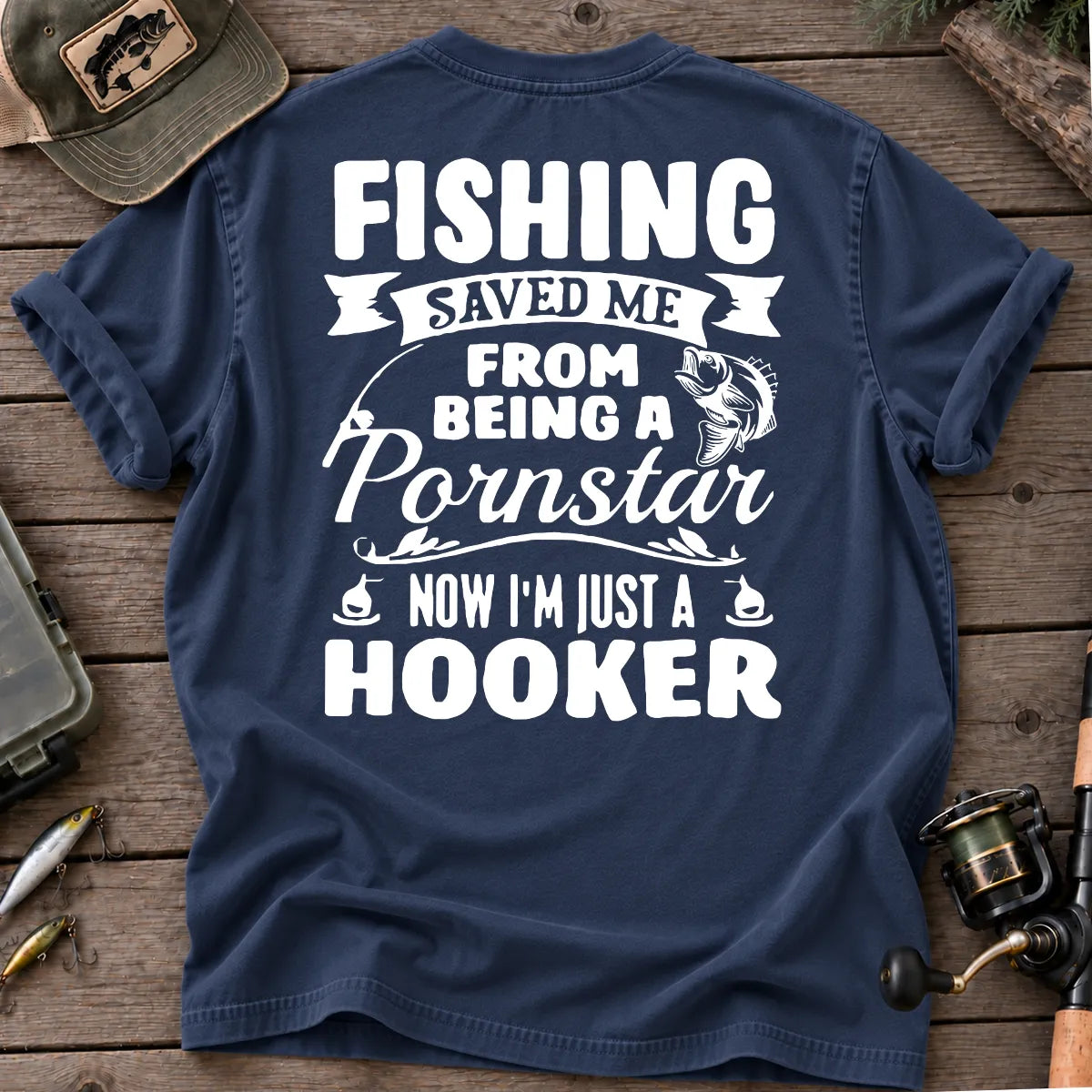Fishing Saved Me Hooker Bass Badge T-Shirt in True Navy