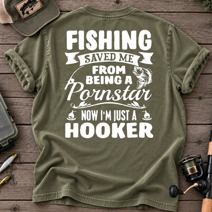 Fishing Saved Me Hooker Bass Badge T-Shirt in Moss