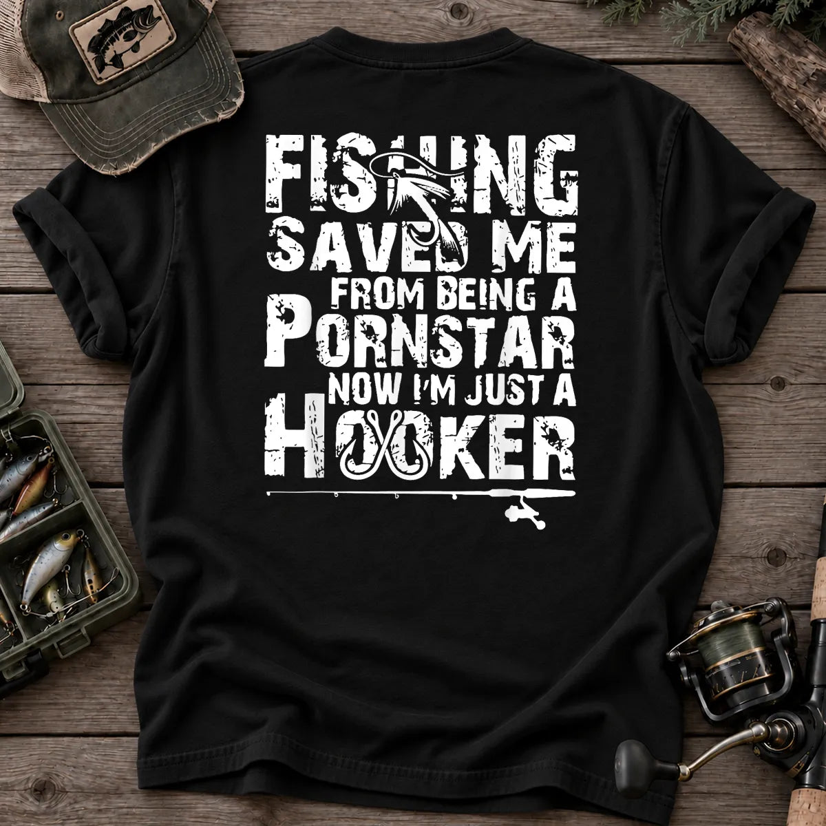 Fishing Saved Me Hooker Distressed Type T-Shirt in Black