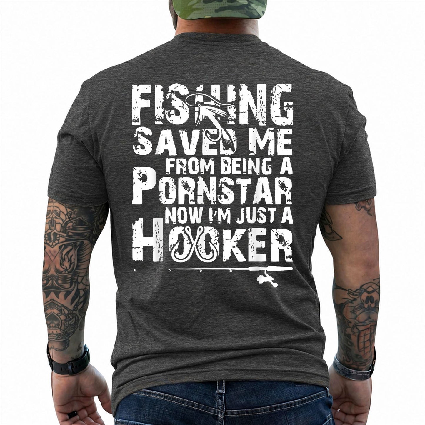 Dark Heather T-shirt back with oversized distressed type, hooks, and adult Fishing Saved Me back joke