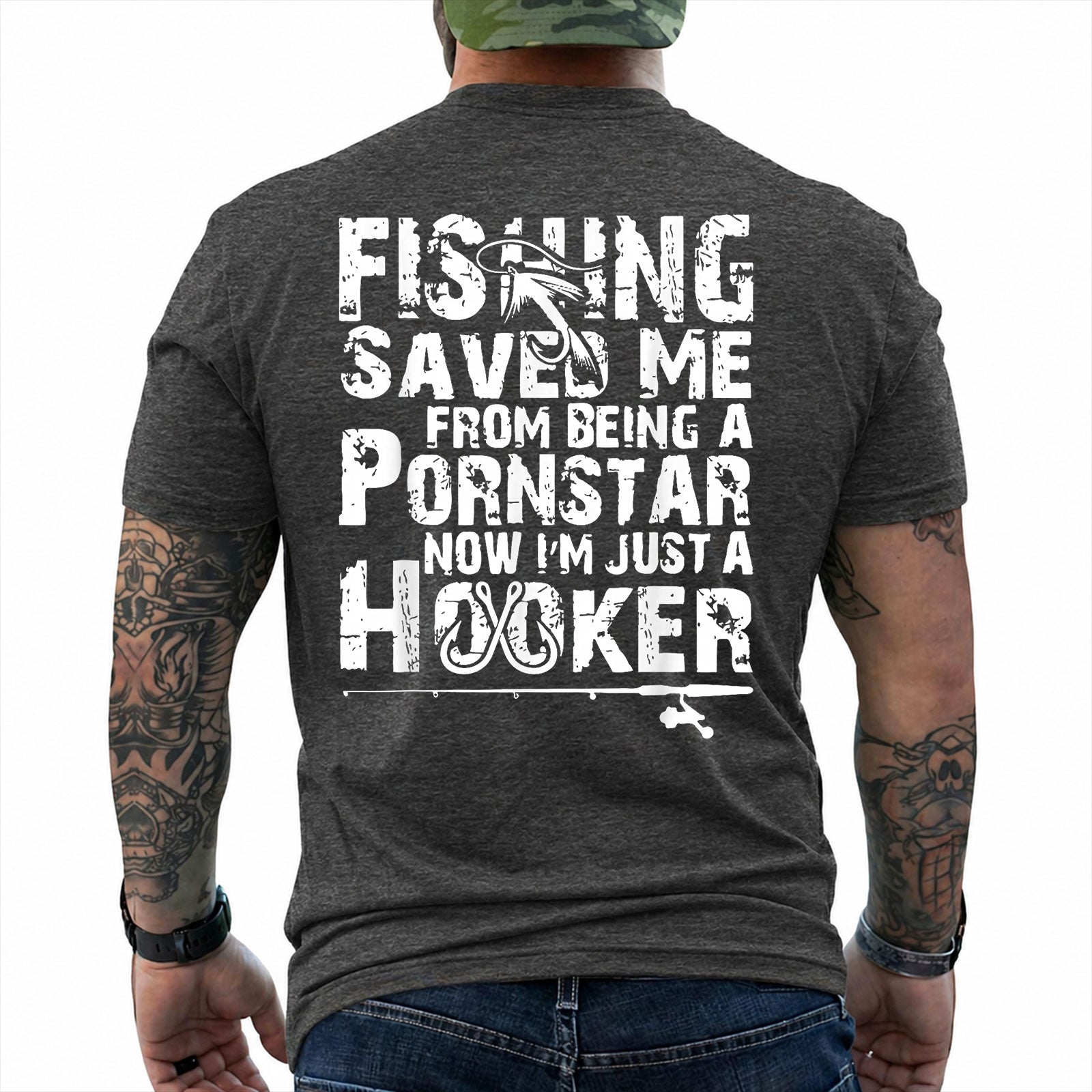 Dark Heather T-shirt back with oversized distressed type, hooks, and adult Fishing Saved Me back joke