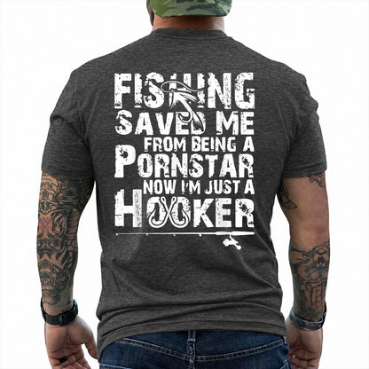 Dark Heather T-shirt back with oversized distressed type, hooks, and adult Fishing Saved Me back joke