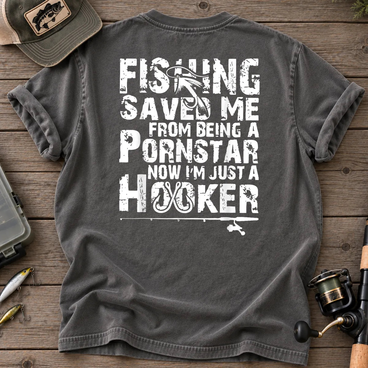 Fishing Saved Me Hooker Distressed Type T-Shirt in Pepper