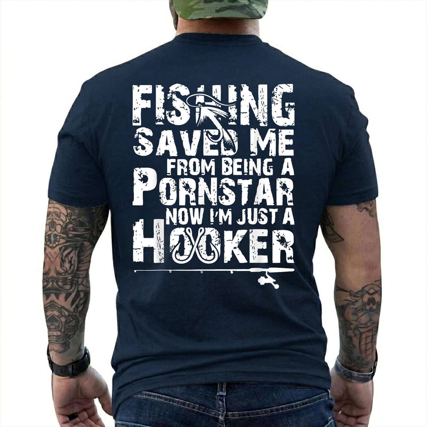 Forest Green T-shirt back with oversized distressed type, hooks, and adult Fishing Saved Me back joke