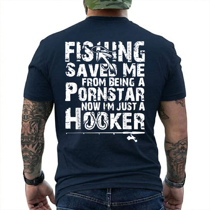 Forest Green T-shirt back with oversized distressed type, hooks, and adult Fishing Saved Me back joke