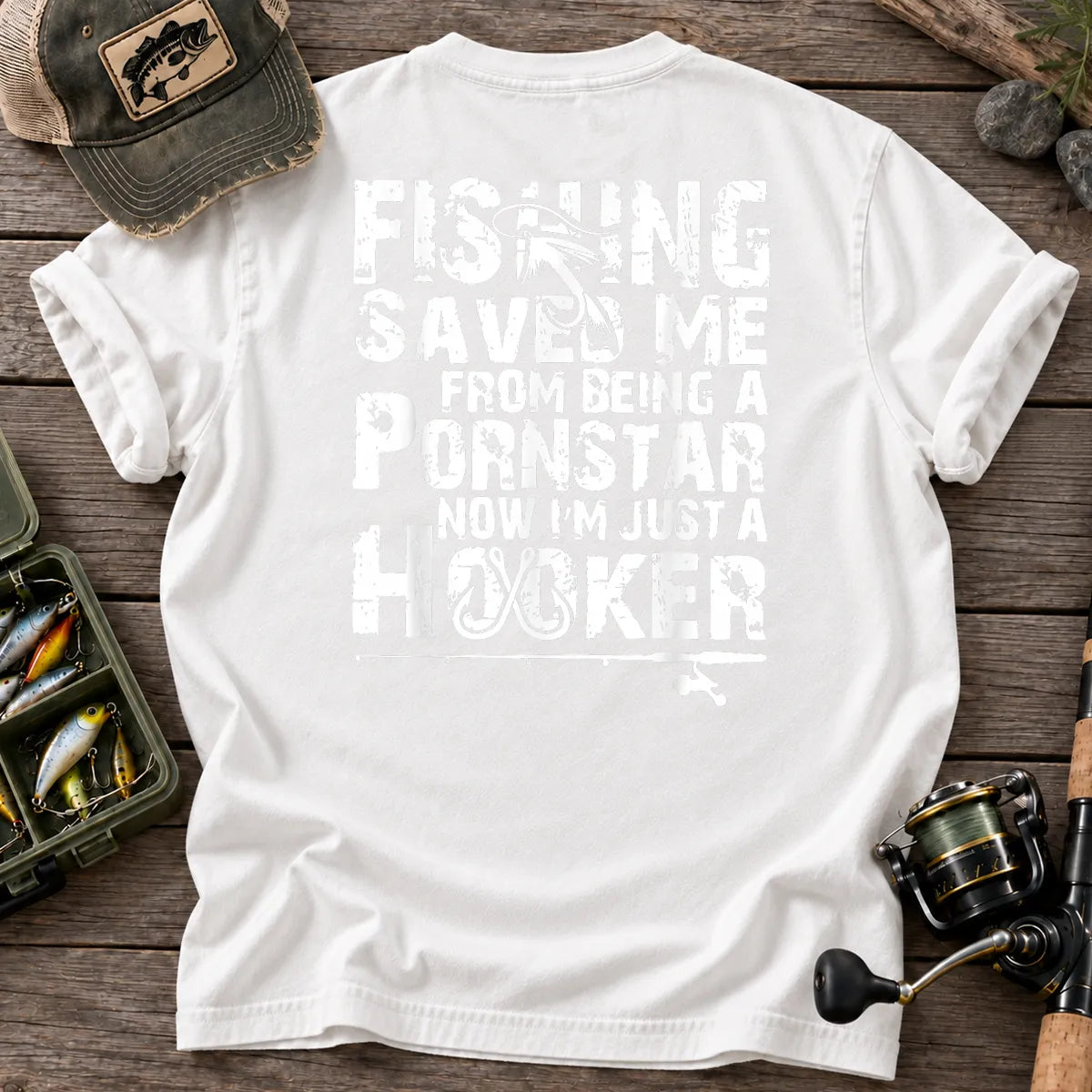 Fishing Saved Me Hooker Distressed Type T-Shirt in White