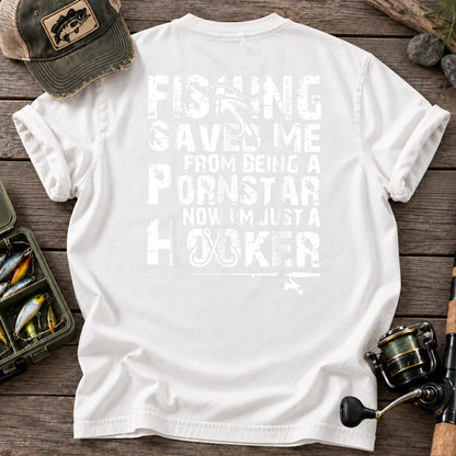 Fishing Saved Me Hooker Distressed Type T-Shirt in White