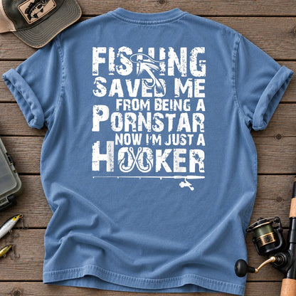 Fishing Saved Me Hooker Distressed Type T-Shirt in Blue Jean