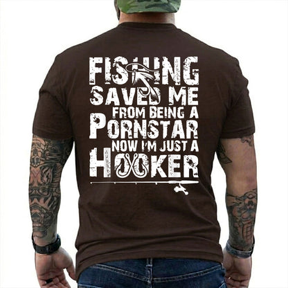 Dark Chocolate T-shirt back with oversized distressed type, hooks, and adult Fishing Saved Me back joke
