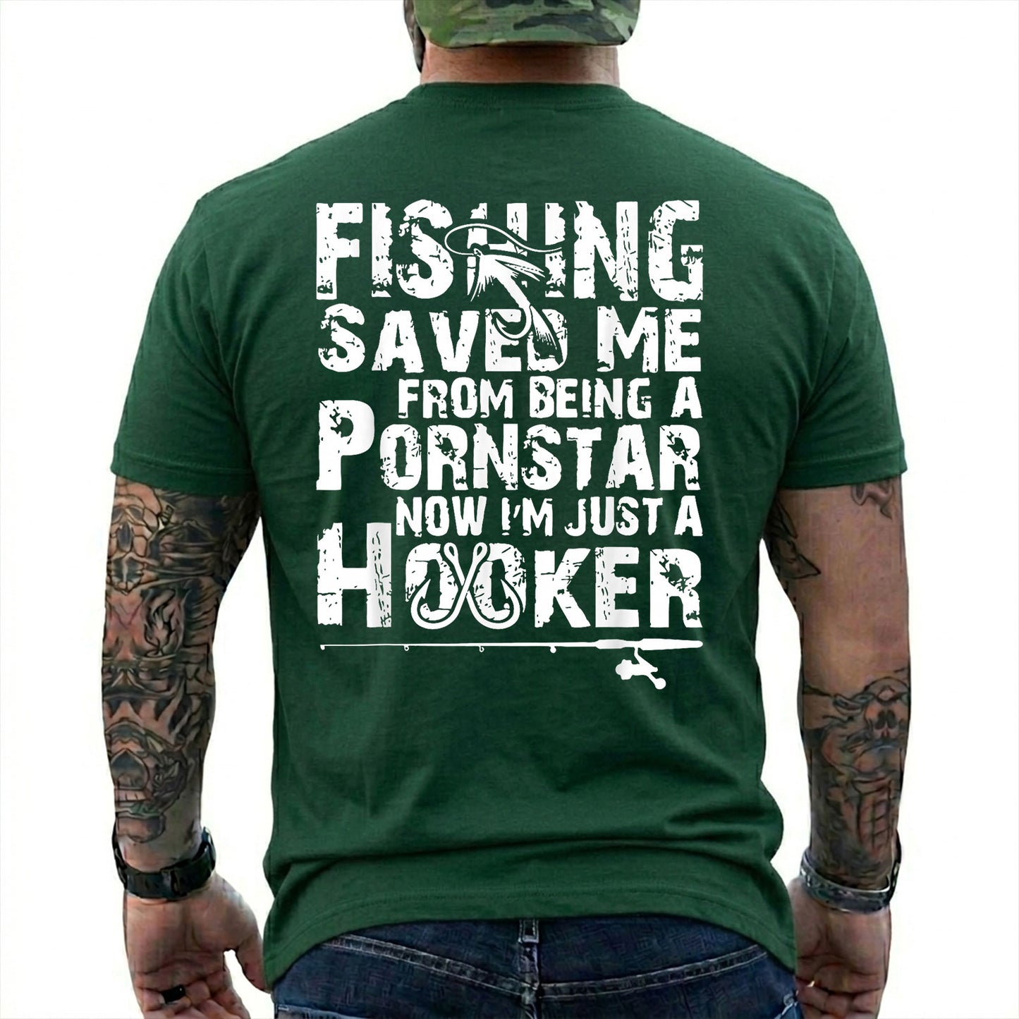 Navy T-shirt back with oversized distressed type, hooks, and adult Fishing Saved Me back joke