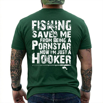 Navy T-shirt back with oversized distressed type, hooks, and adult Fishing Saved Me back joke