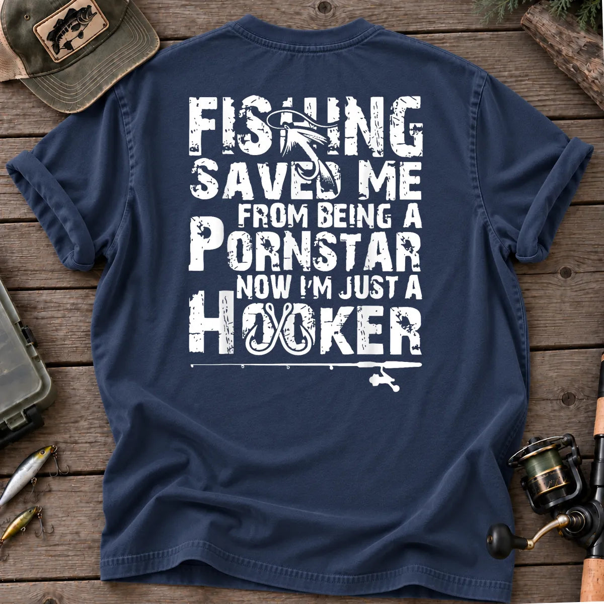 Fishing Saved Me Hooker Distressed Type T-Shirt in True Navy
