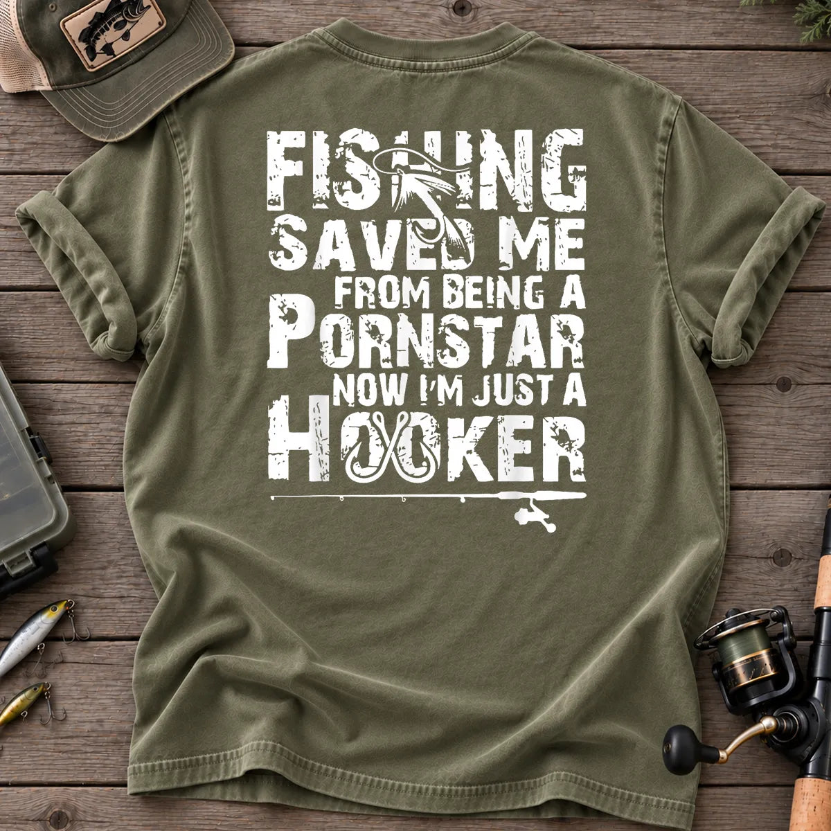 Fishing Saved Me Hooker Distressed Type T-Shirt in Moss