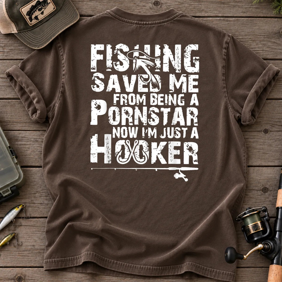 Fishing Saved Me Hooker Distressed Type T-Shirt in Espresso