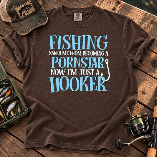Fishing Saved Me Hooker Joke Blue T-Shirt in Espresso