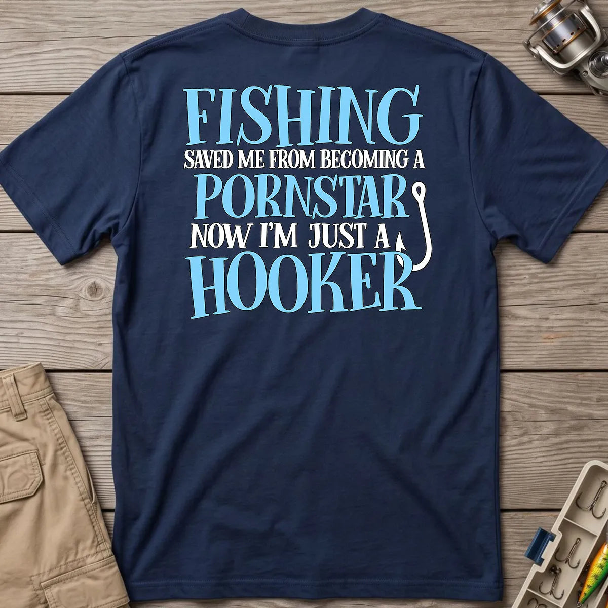Fishing Saved Me Hooker Joke Blue T-Shirt in Navy