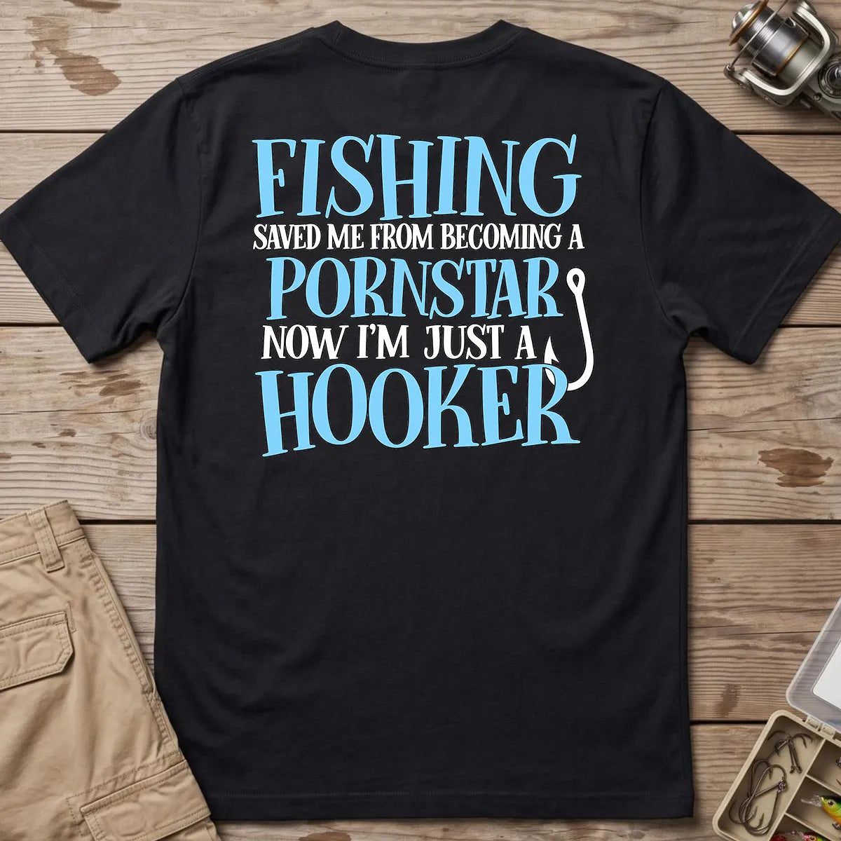 Fishing Saved Me Hooker Joke Blue T-Shirt in Black