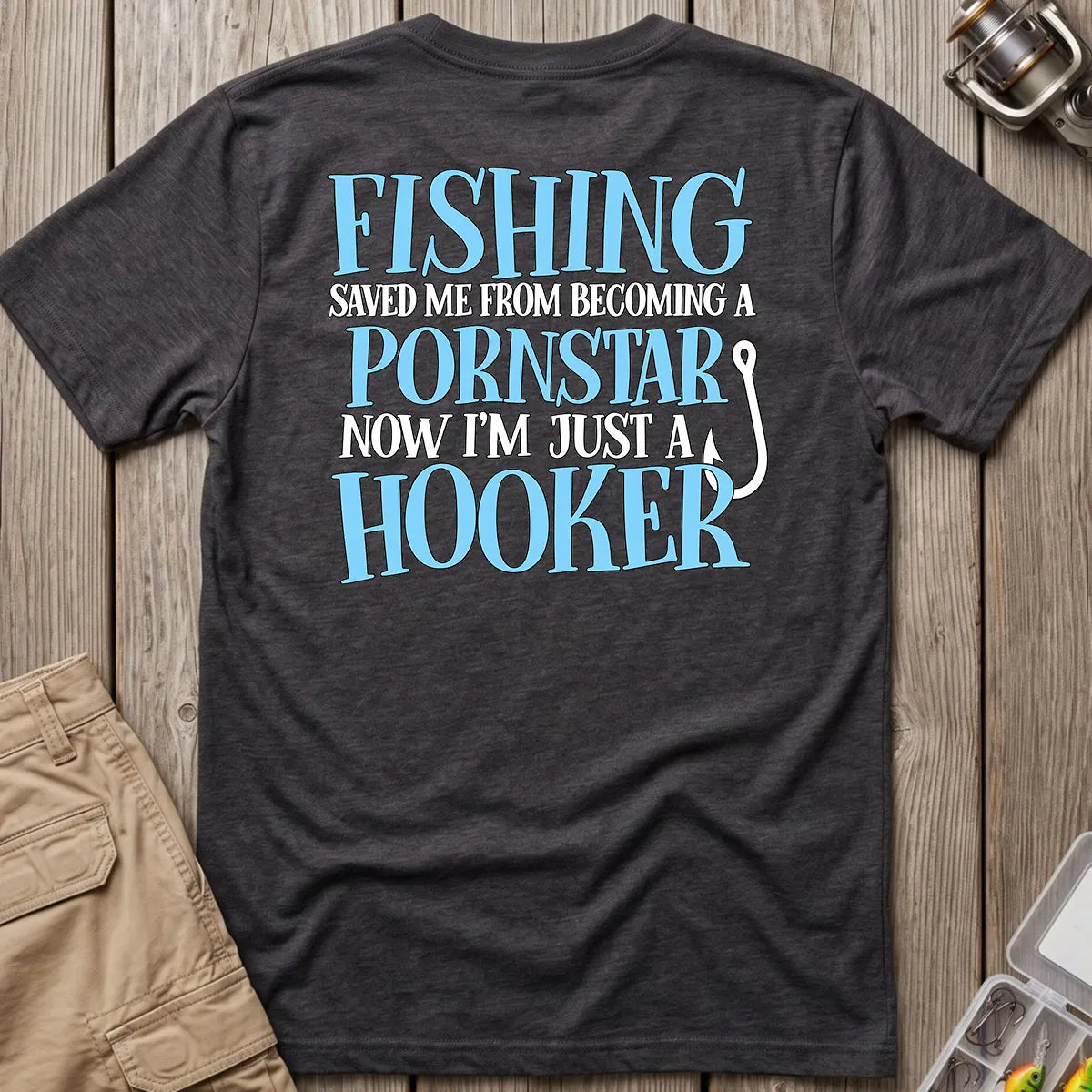 Fishing Saved Me Hooker Joke Blue T-Shirt in Dark Heather
