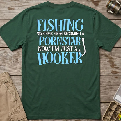Fishing Saved Me Hooker Joke Blue T-Shirt in Forest Green