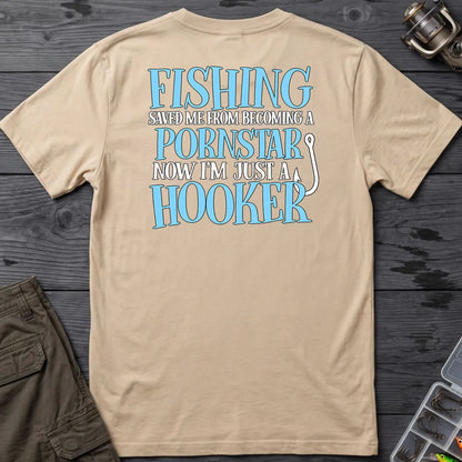 Fishing Saved Me Hooker Joke Blue T-Shirt in Sand