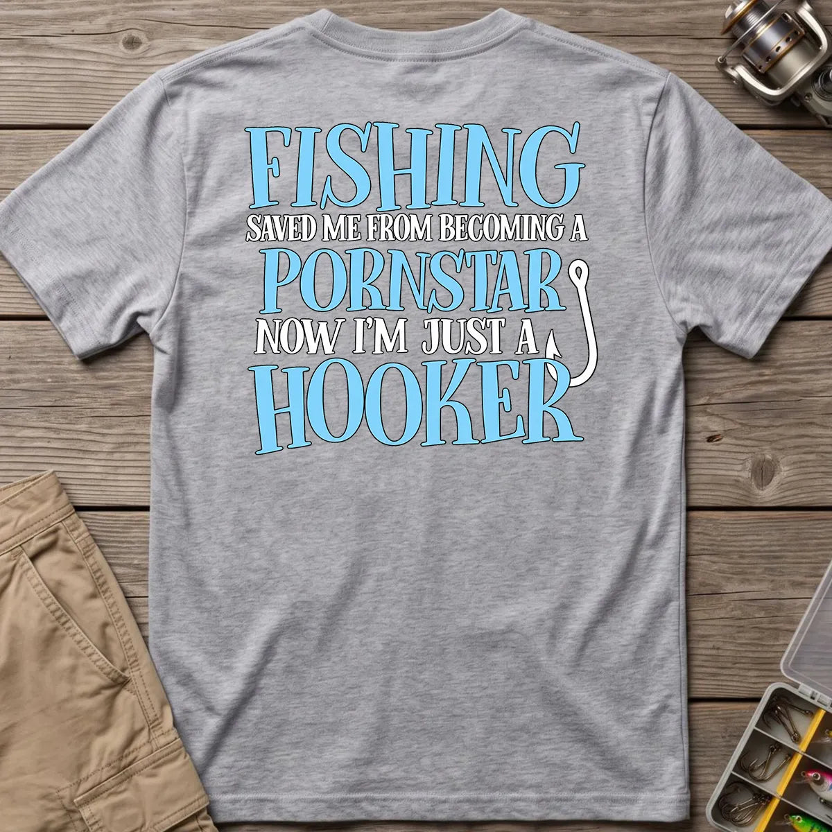 Fishing Saved Me Hooker Joke Blue T-Shirt in Sport Grey