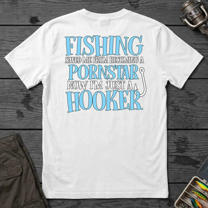 Fishing Saved Me Hooker Joke Blue T-Shirt in White