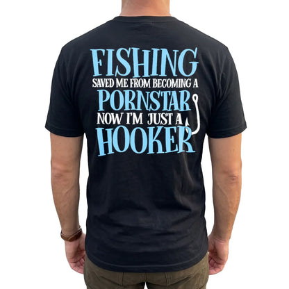 Fishing Saved Me Hooker Joke Blue T-Shirt lifestyle mockup