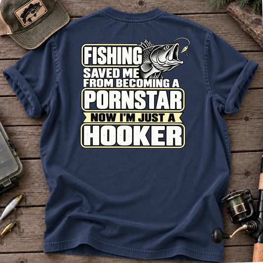 Fishing Saved Me Hooker Joke Gold T-Shirt in True Navy