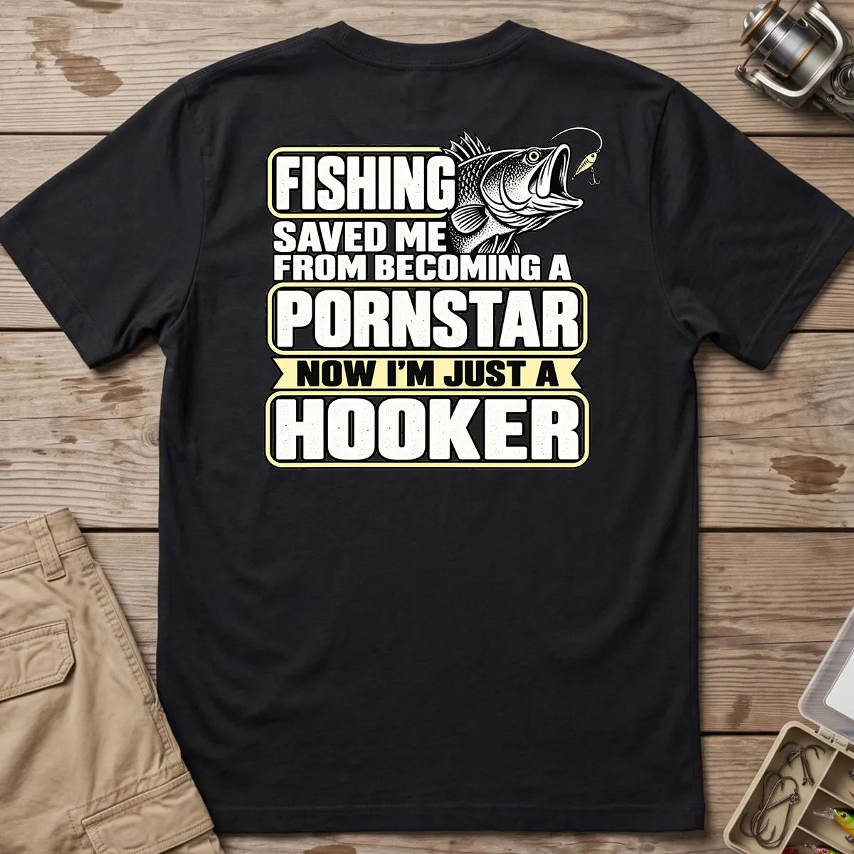Fishing Saved Me Hooker Joke Gold T-Shirt in Black