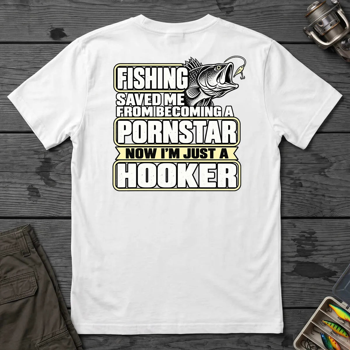 Fishing Saved Me Hooker Joke Gold T-Shirt in White