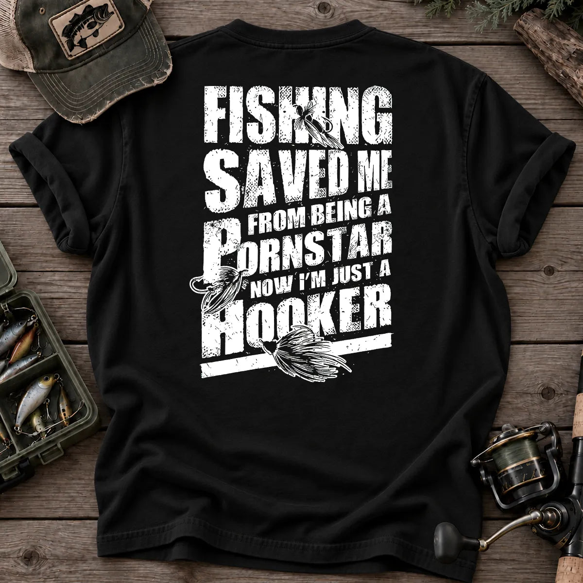 Fishing Saved Me Hooker Leaping Fish T-Shirt in Black