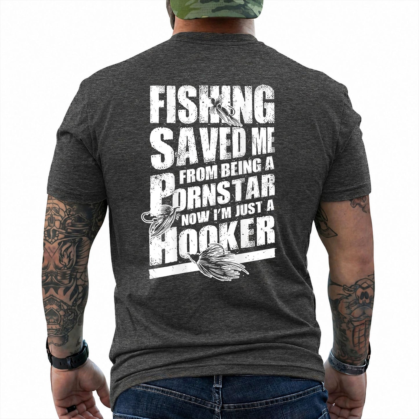 Dark Heather T-shirt back with three fishing lures and a distressed Fishing Saved Me adult joke