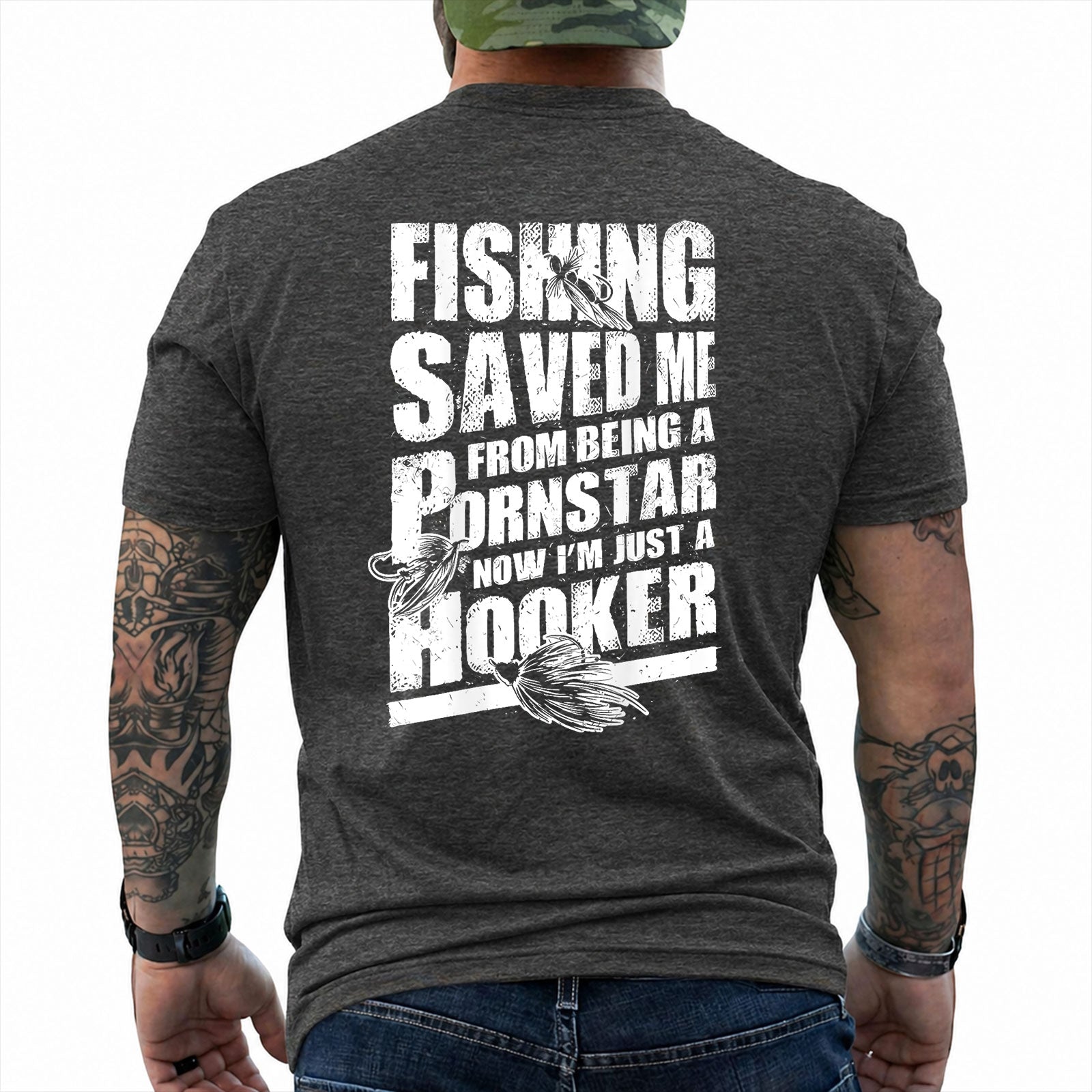 Dark Heather T-shirt back with three fishing lures and a distressed Fishing Saved Me adult joke