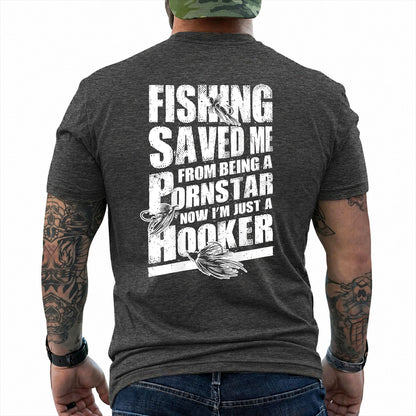Dark Heather T-shirt back with three fishing lures and a distressed Fishing Saved Me adult joke