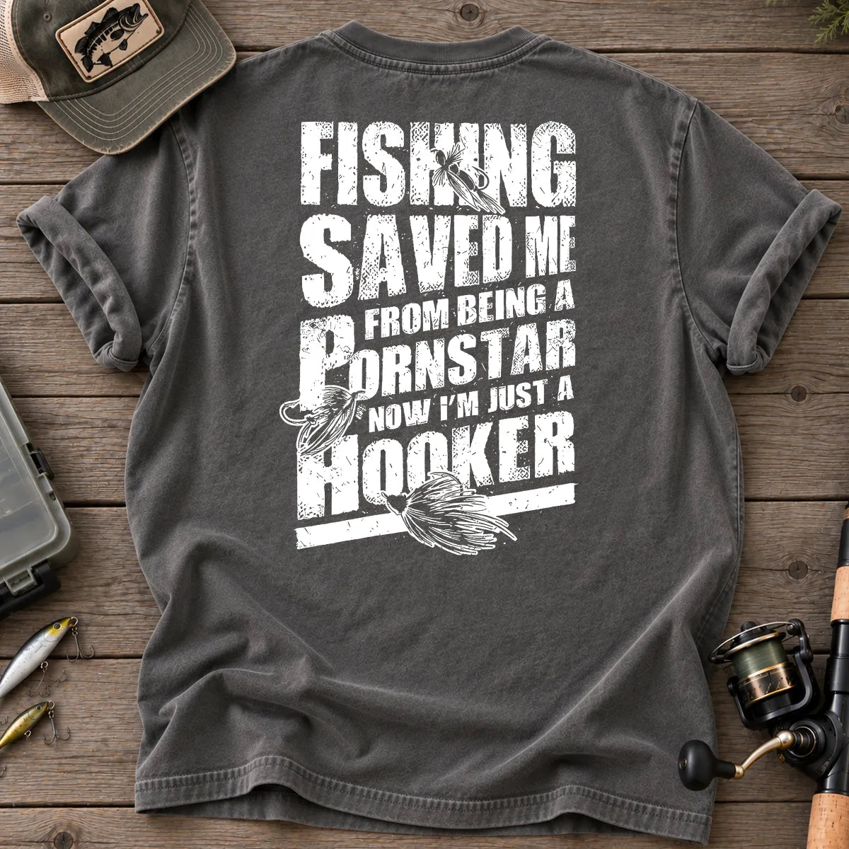 Fishing Saved Me Hooker Leaping Fish T-Shirt in Pepper