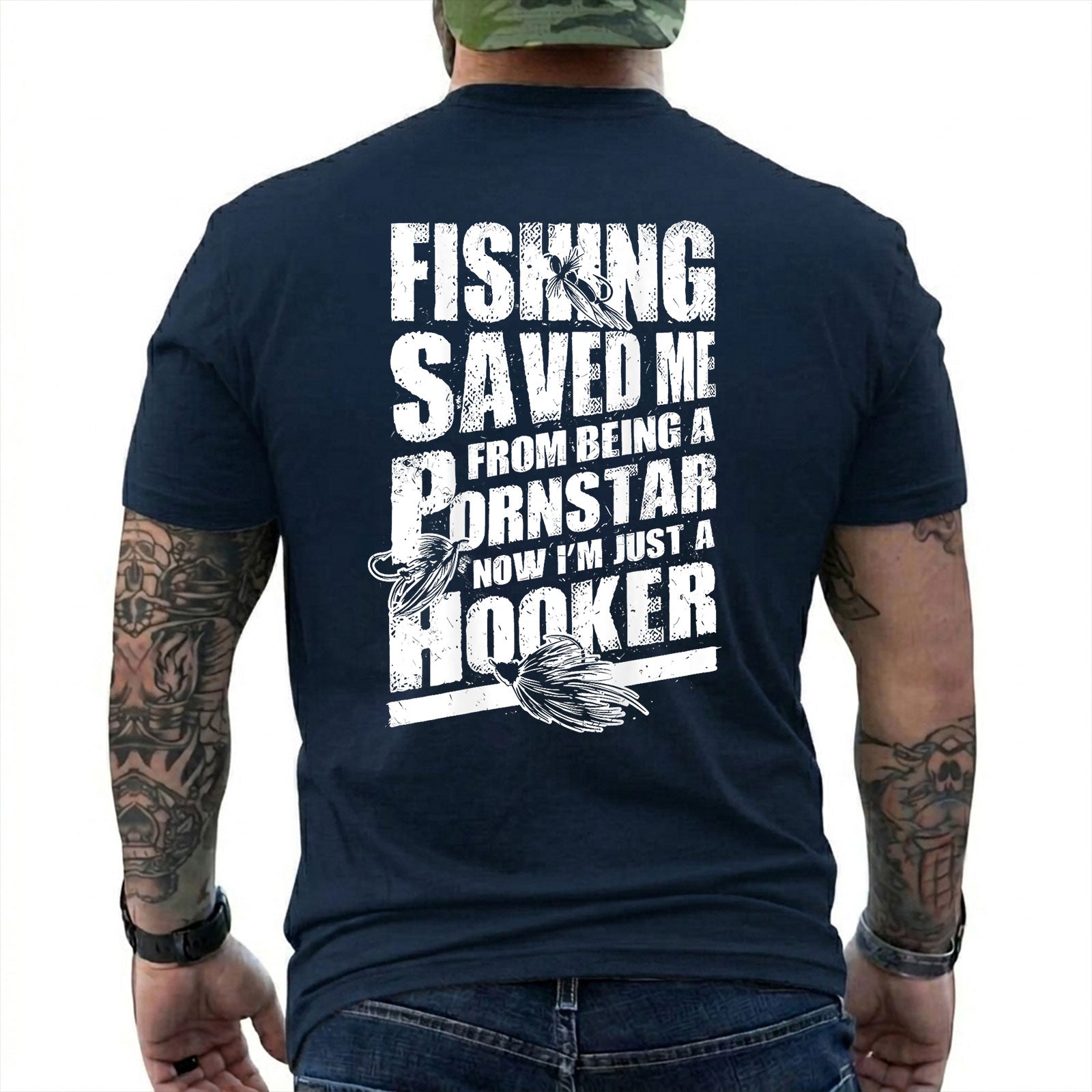 Forest Green T-shirt back with three fishing lures and a distressed Fishing Saved Me adult joke