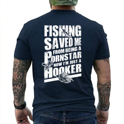 Forest Green T-shirt back with three fishing lures and a distressed Fishing Saved Me adult joke