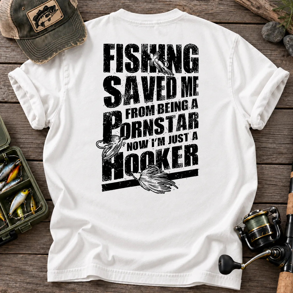 Fishing Saved Me Hooker Leaping Fish T-Shirt in White