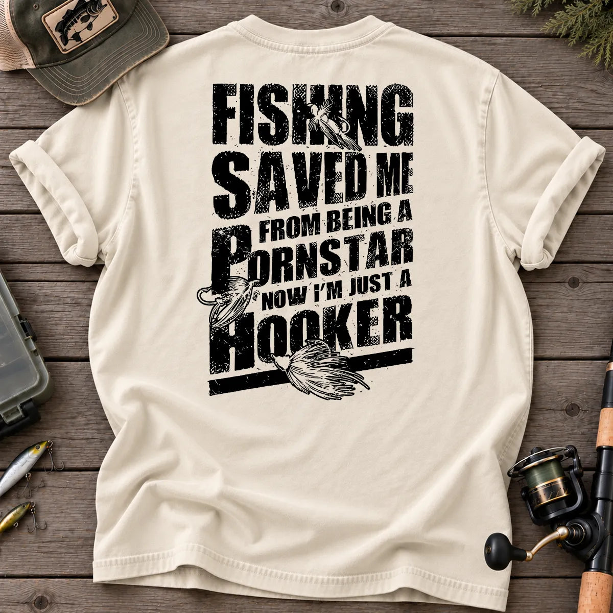 Fishing Saved Me Hooker Leaping Fish T-Shirt in Ivory