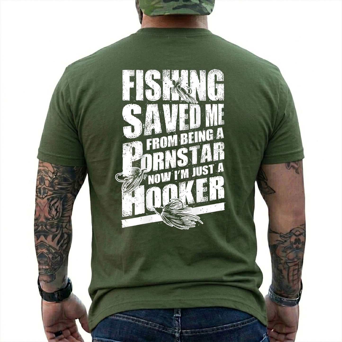 Military Green T-shirt back with three fishing lures and a distressed Fishing Saved Me adult joke