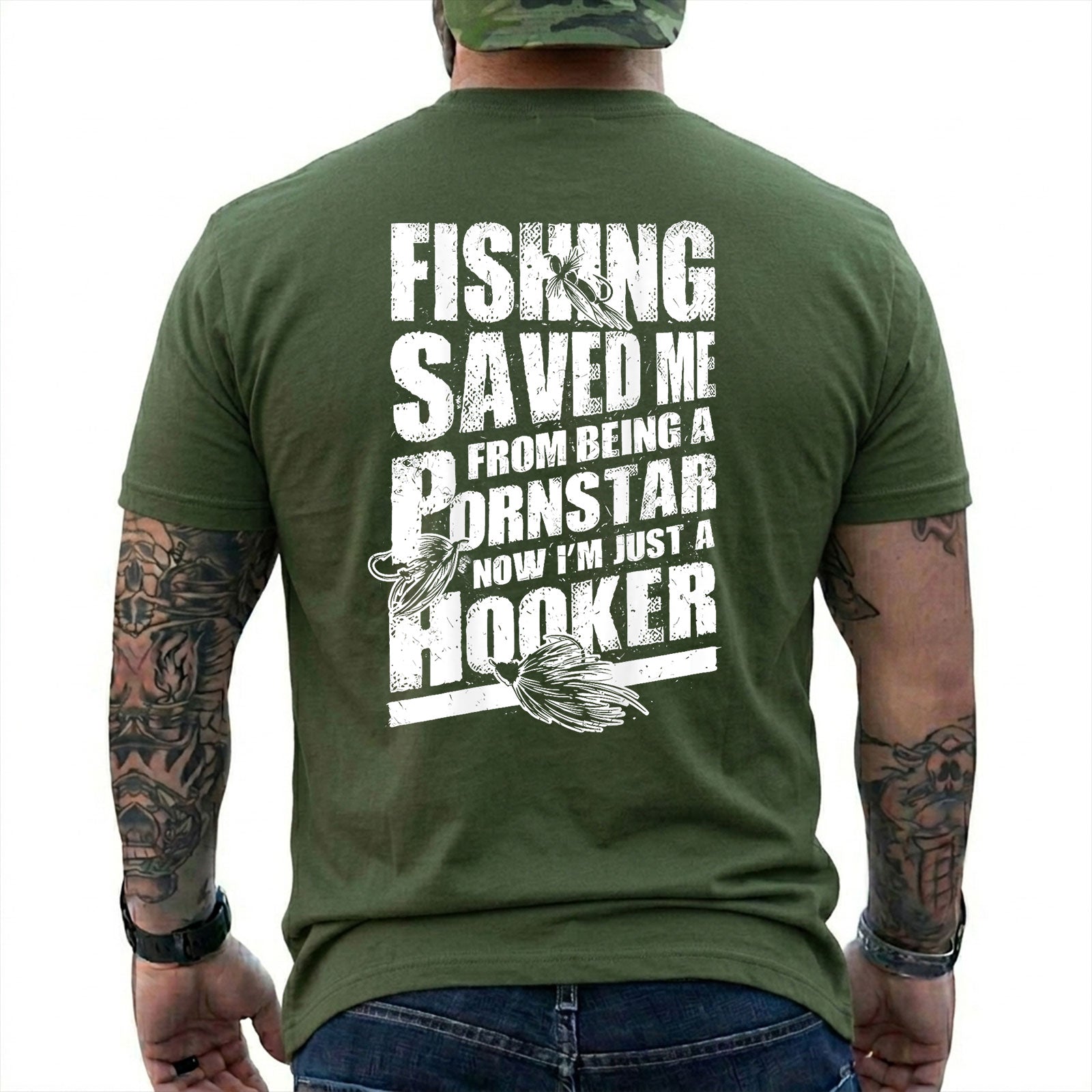 Military Green T-shirt back with three fishing lures and a distressed Fishing Saved Me adult joke