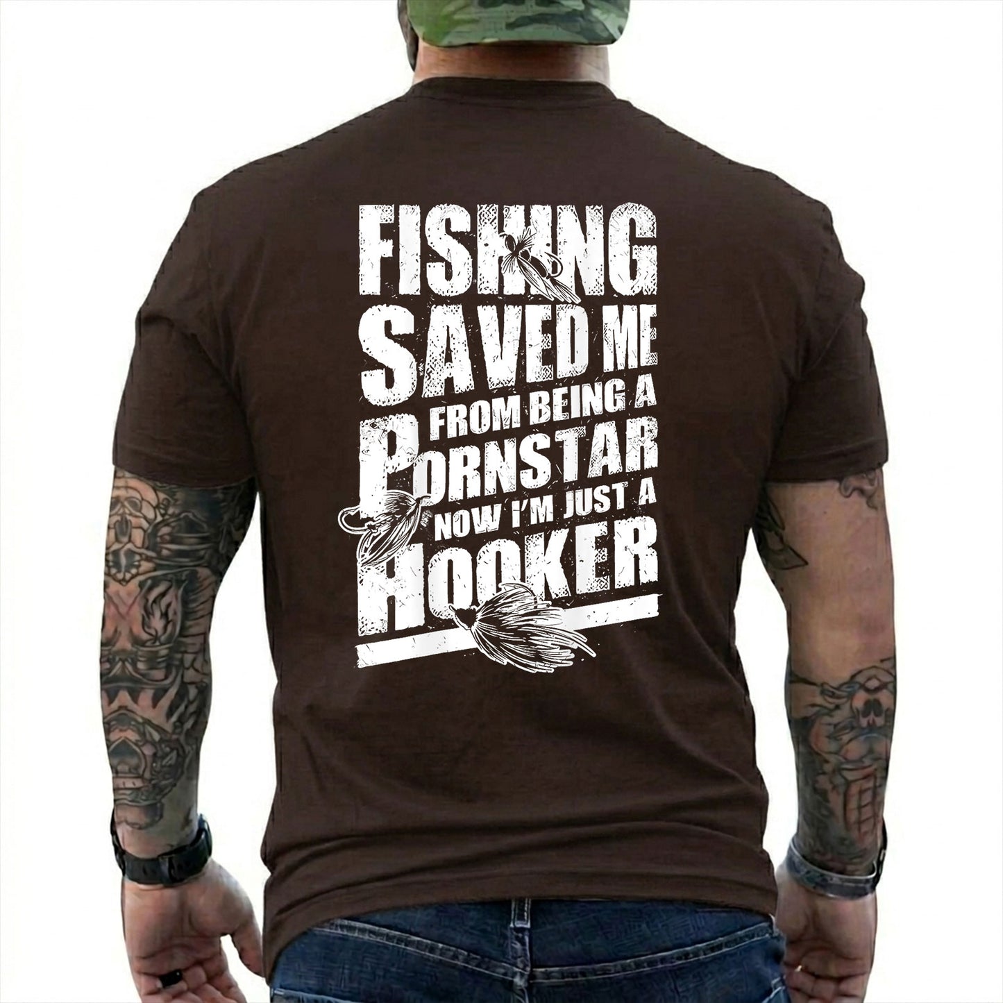 Dark Chocolate T-shirt back with three fishing lures and a distressed Fishing Saved Me adult joke