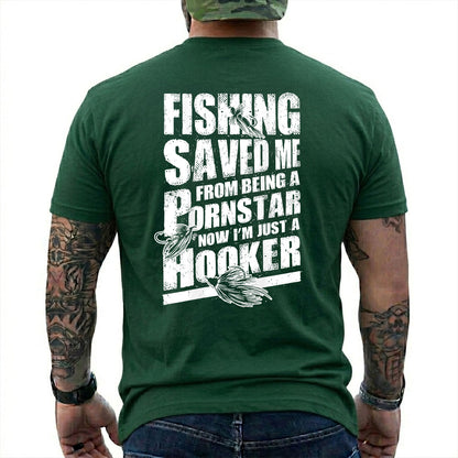 Navy T-shirt back with three fishing lures and a distressed Fishing Saved Me adult joke