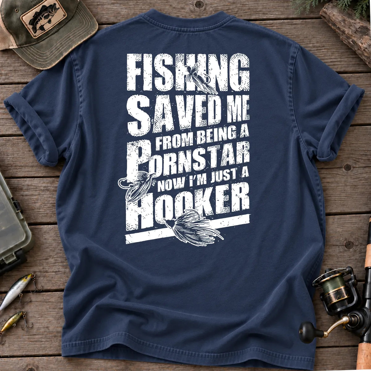 Fishing Saved Me Hooker Leaping Fish T-Shirt in True Navy