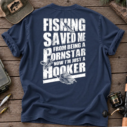 Fishing Saved Me Hooker Leaping Fish T-Shirt in True Navy