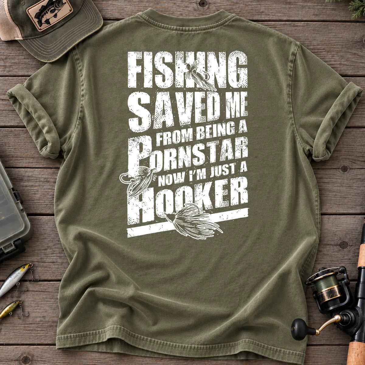 Fishing Saved Me Hooker Leaping Fish T-Shirt in Moss