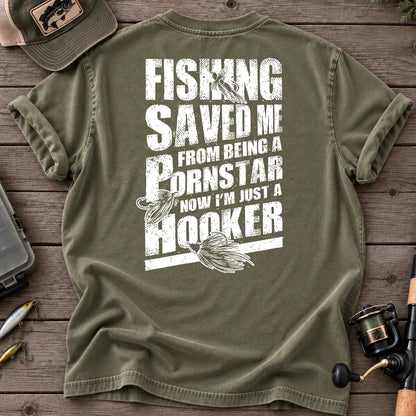Fishing Saved Me Hooker Leaping Fish T-Shirt in Moss