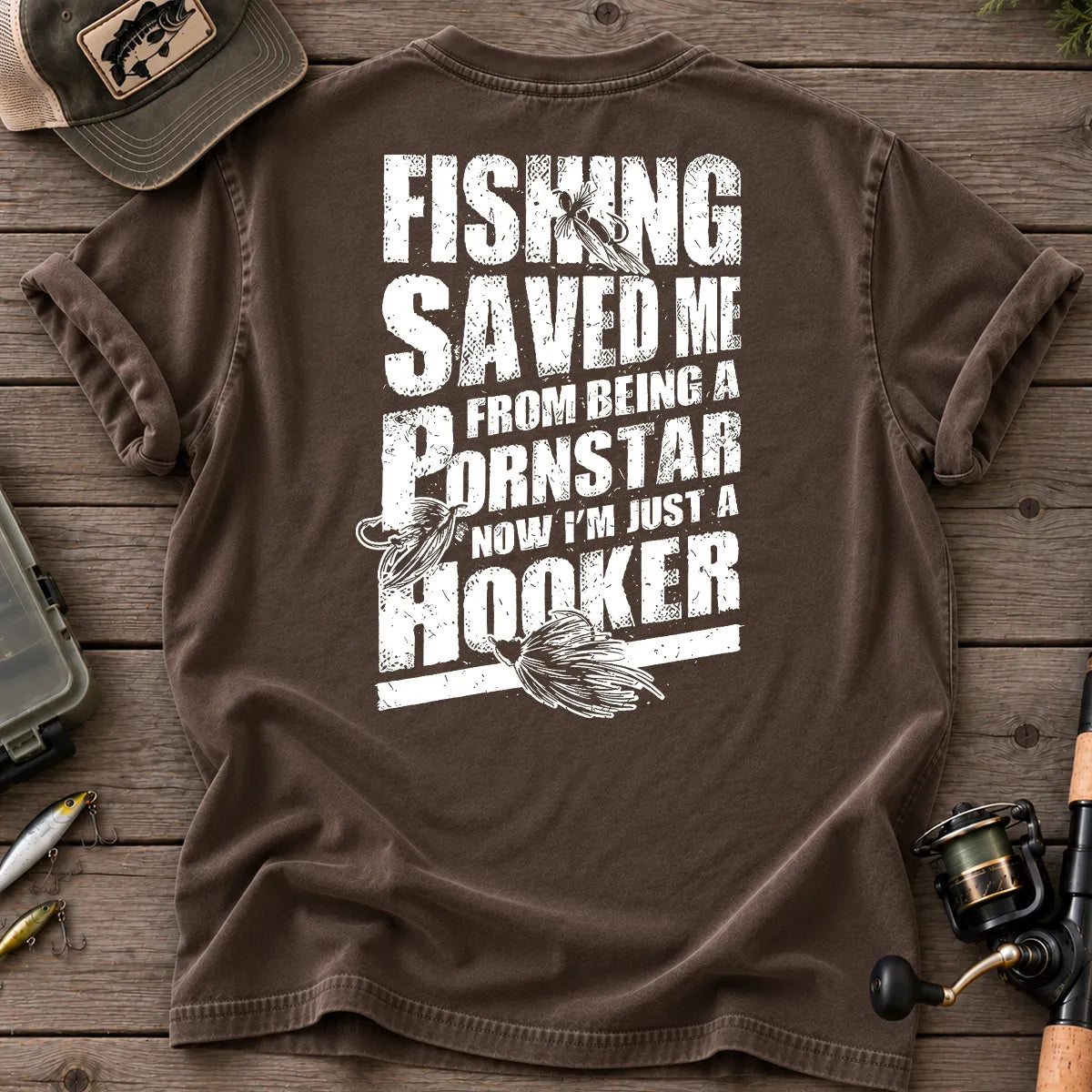 Fishing Saved Me Hooker Leaping Fish T-Shirt in Espresso